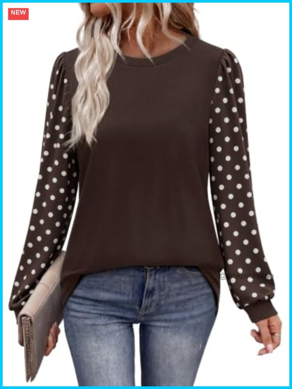 Womens Long Sleeve Color Block Tunic Top Puff Sleeve Crew Neck